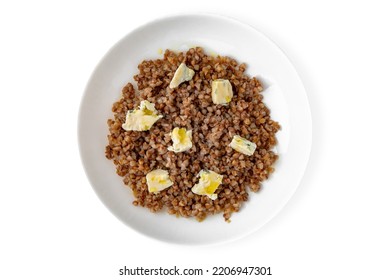 Boiled Buckwheat With Gorgonzola And Olive Oil. Balanced, Nutritious, Tasty And Nutritious Food. Ready-made Menu For A Restaurant Or For Delivery. Dish In A White Plate Isolated On A White Background.