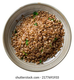 Boiled Buckwheat In A Plate Isolated On White Background Top View