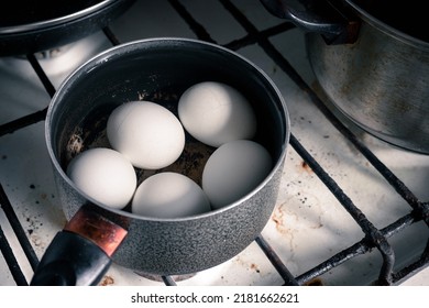 Boiled Chicken Eggs In A Small Saucepan