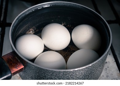 Boiled Chicken Eggs In A Small Saucepan