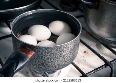 Boiled Chicken Eggs In A Small Saucepan