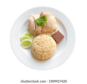 Boiled Chicken Rice. Top View On White Background