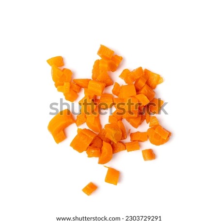 Boiled Chopped Carrot Isolated, Cooked Diced Carrots, Prepared Vegetables Cut Pile, Healthy Diet Ingredient, Chopped Carrot on White Background