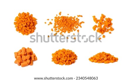 Boiled Chopped Carrot Isolated, Cooked Diced Carrots, Prepared Vegetables Cut Pile, Healthy Diet Ingredient, Chopped Carrot on White Background
