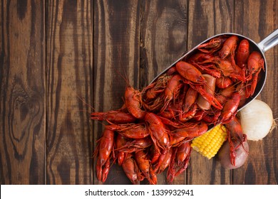 Boiled Crawfish On A Wood Background