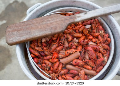 Boiled Crawfish In Pot With Paddle