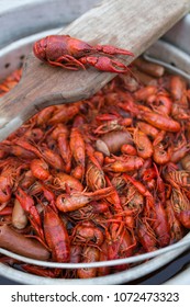 Boiled Crawfish In Pot With Paddle