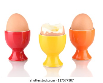 Boiled Egg In Egg Cup Isolated On White