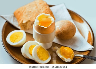Boiled egg in egg cup, in shell and sliced on plate, spoon and bread (bun), towel., closeup. Healthy breakfast.