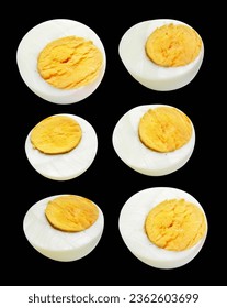 Boiled egg isolated with clipping path, no shadow on black background, chicken egg