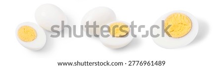 boiled eggs isolated with clipping path on a white background. Hard boiled set isolated on white background. top view. flat lay. 
