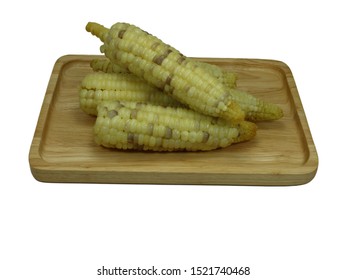 Boiled Fresh Sticky Sweet Corn On The Wood Plate. High Fiber And Good Carbohydrate. Vegetarian And Diet Food.