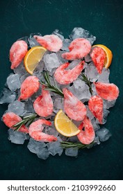 Boiled- Frozen Shrimp, On Ice Cubes, Close-up, Top View, Seafood, Not Cooked, No People,