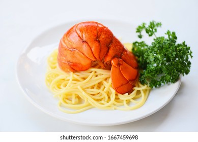 Boiled Lobster Tail Cooked Spaghetti Seafood Lobster Food On A White Plate