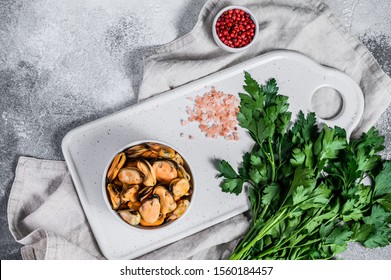 Boiled Mussel Meat On A Cutting Board. Healthy Seafood. Light Background