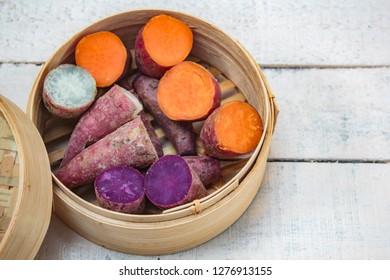 Boiled Organic Sweet Potato, Yellow Yam, Purple Yam.