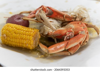 Boiled Pot Of Dungeness Crab Legs Ready For The Delicious Task Of Breaking And Eating The Meat Inside The Shell.