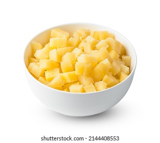 Boiled potatoes, diced in a bowl isolated on a white background. Side view, close-up.