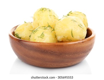 Boiled Potatoes With Dill In Bowl Isolated On White