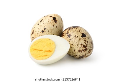 Boiled Quail eggs with half isolated on white background.