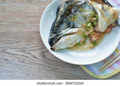 Boiled Salmon Fish Head With Soy Sauce On Plate  