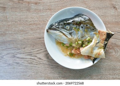 Boiled Salmon Fish Head With Soy Sauce On Plate  