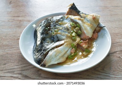 Boiled Salmon Fish Head With Soy Sauce On Plate