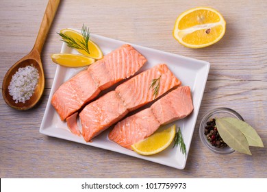 Boiled Salmon On White Plate. Poached Salmon Fillet. Good For Health Diet Fish. View From Above, Top, Horizontal