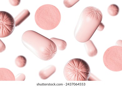 Boiled sausage slices isolated on white background. Flying sausage. High quality photo