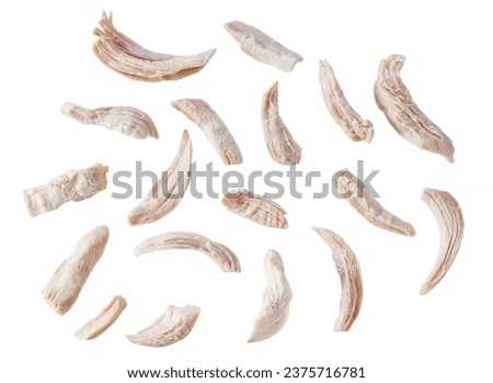 Boiled shredded chicken isolated on a white background.