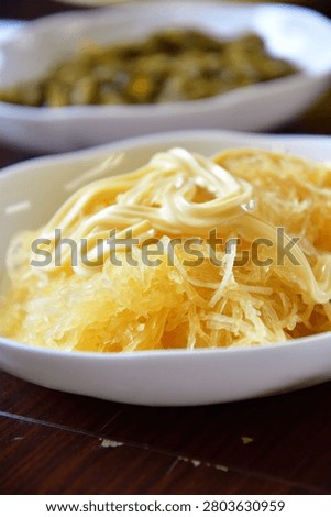 Boiled Spaghetti Squash Served on a Traditional Japanese Country Table