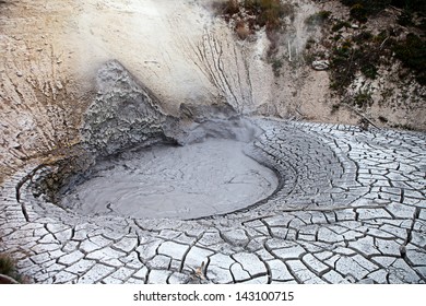 Boiling hot mud bubbles up from a caldron in Yellowstone Park in Wyoming