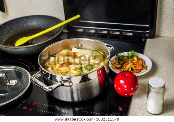 Boiling Thick Vegetable Soup Pot On Food And Drink Stock Image