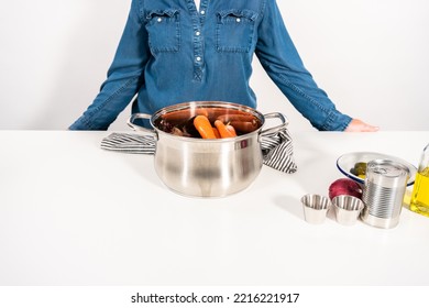 Boiling Vegetables In A Big Cooking Pot To Make A Vinaigrette Salad.