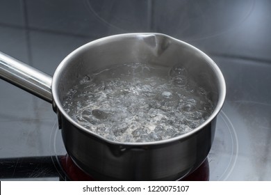 Boiling Water In Pan In Kitchen - Hot Bowl Water