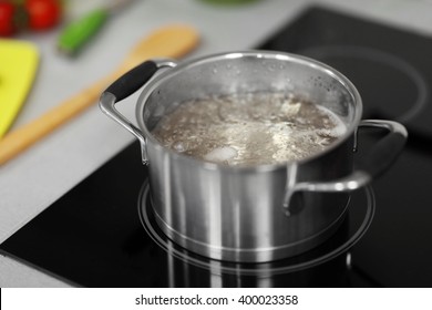 Boiling Water In Pan On Stove, Closeup