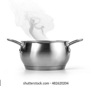 Boiling Water In A Pan Over White Background With Clipping Path