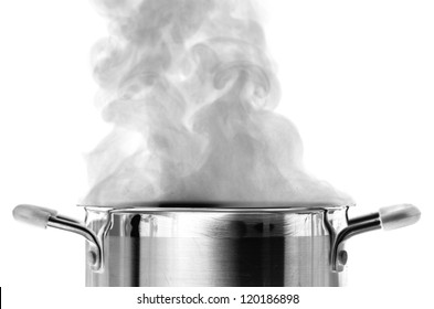 Boiling Water In A Saucepan Over White Background