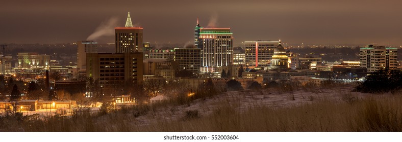 Boise City Skyline In Winter At Night