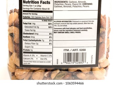 Boise, ID, USA - March 17, 2018: Nutrition Facts Label On A Jar Of  Assorted Nuts 