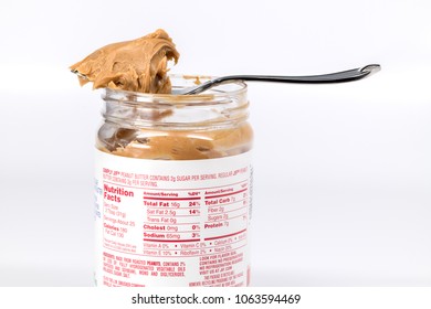 Boise, ID, USA - March 17, 2018: Nutrition Facts Label On A Jar Of Peanut Butter 