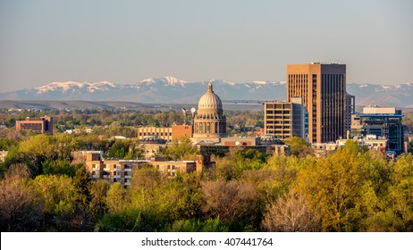 Boise Idaho capital building with the Owyhee mountains with show