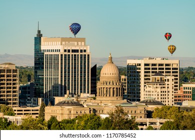 Boise Idaho Skyline With Balloons In The Summer Time