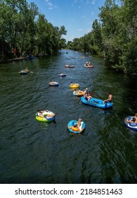 Boise, Idaho, USA – July 16, 2022: Boise River With People Rafting On A Hot Summer Day