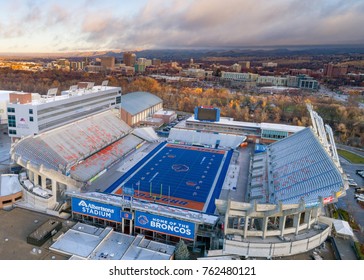 Boise, Idaho USA: November 24, 2017 - View of an Idaho college football field and city skyline