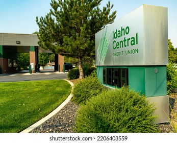 Boise, Idaho, USA – September 9, 2022: Idaho Central Credit Union Drive Through And Digital Clock Sign