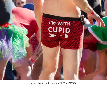 BOISE, IDAHO/USA FEBRUARY 13, 2016: Man Wearing Some I'm With Cupid Undies At The Annual Cupids Underwear Run In Boise, Idaho