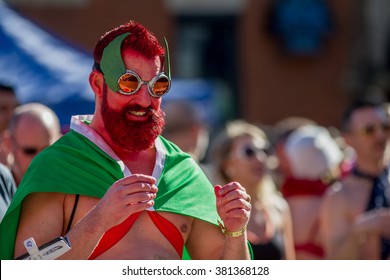 BOISE, IDAHO/USA FEBRUARY 13, 2016: After The Cupid Undie Run A Man Has Some Fun At The Finish Line