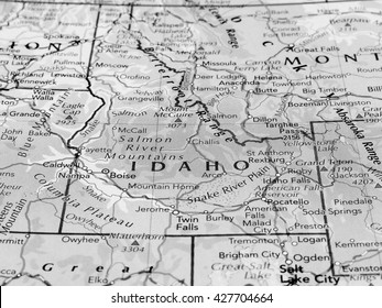 BOISE, USA - CIRCA MAY 2016: Map of the state of Idaho with selective focus on state name in black and white