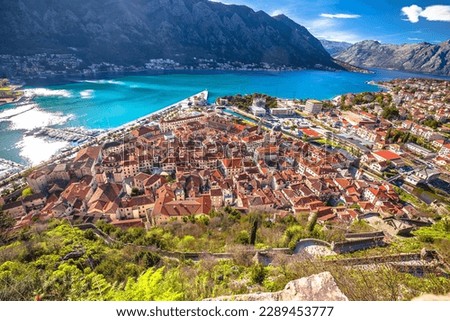 Boka Kotorska and town of Kotor bay panoramic view from the hill, coastline of Montenegro
